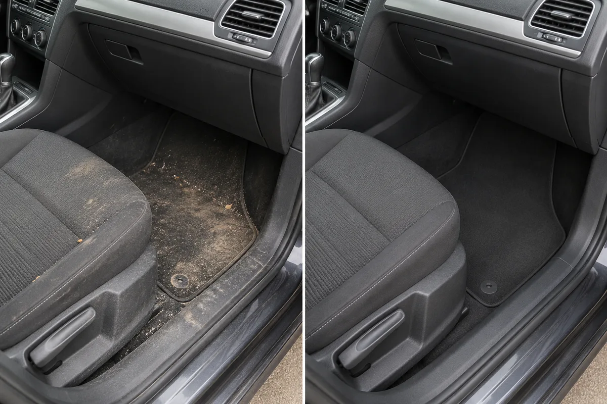 Same car seat and footwell before and after an illustrative interior clean
