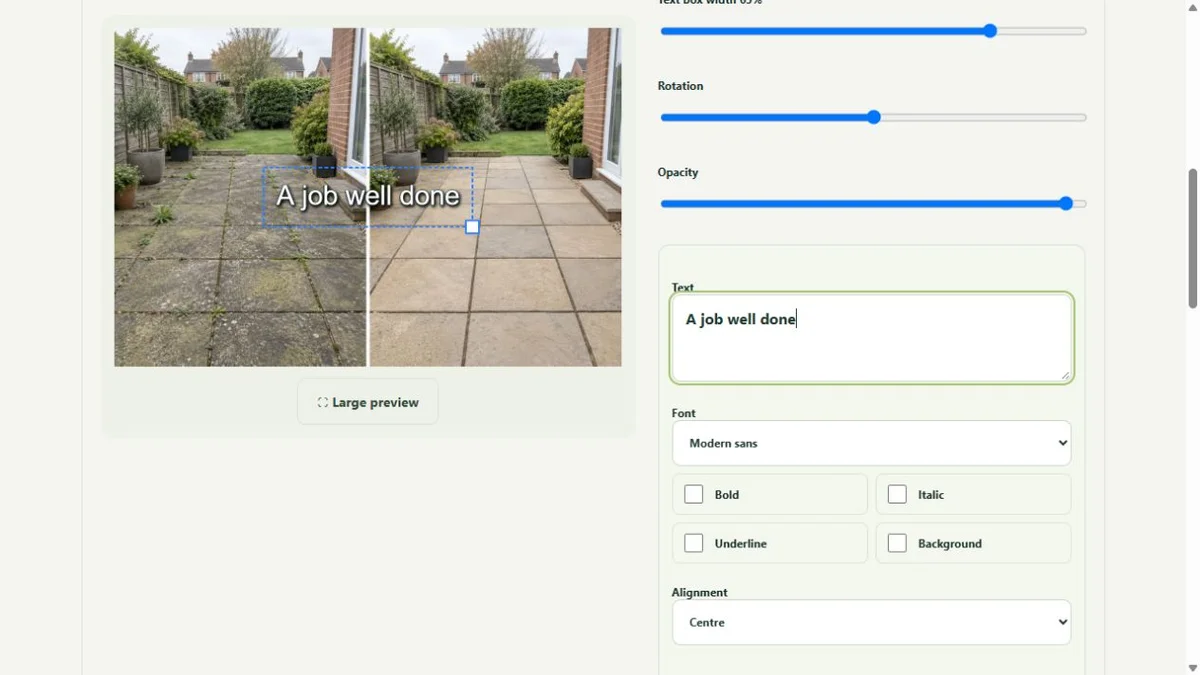 Real WorkToSocial photo layer editor controls, shown with illustrative sample content