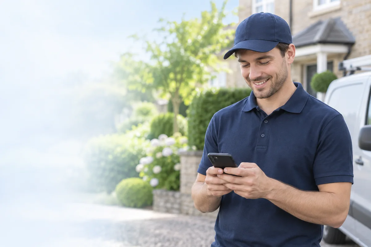 Illustrative field technician reviewing a phone outside a customer property