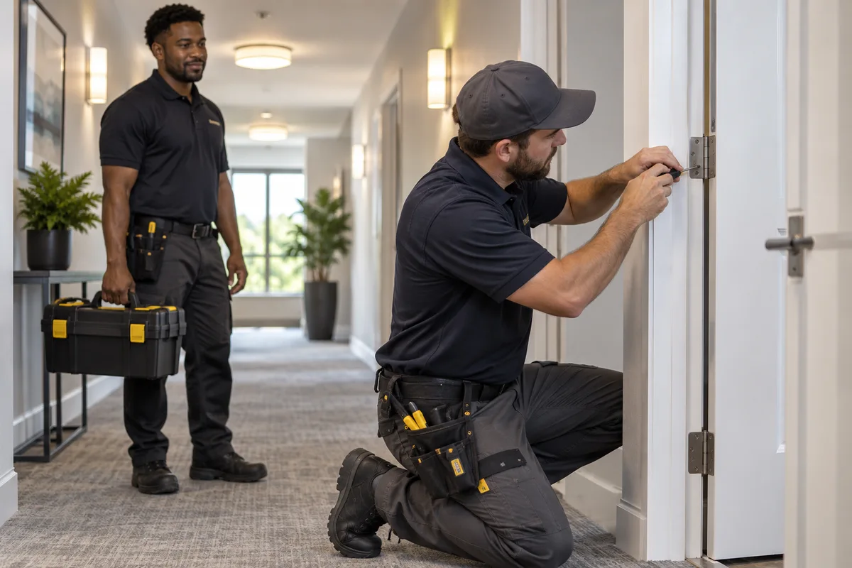 Property maintenance workers inspecting a completed repair