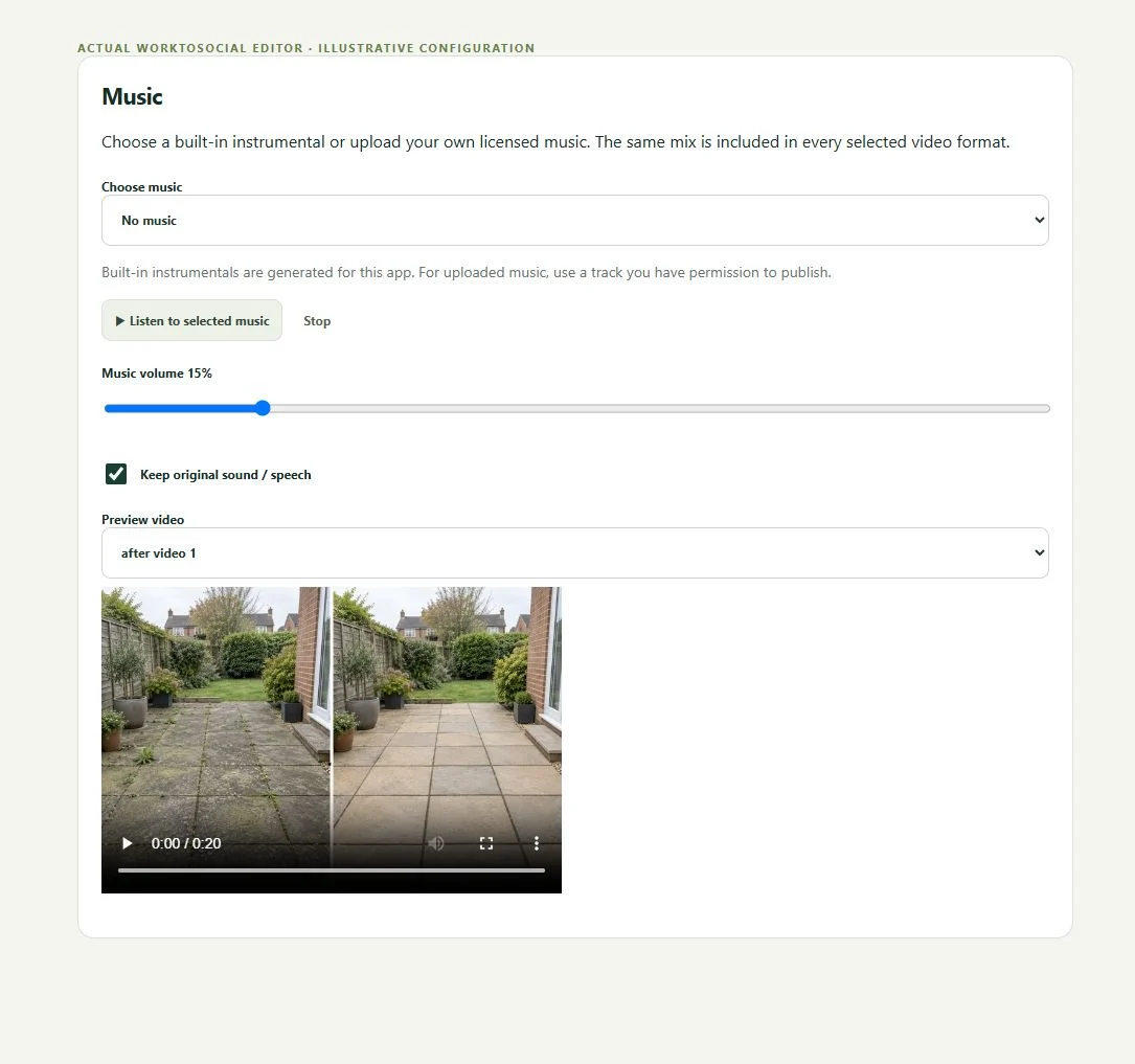 Video music workflow in WorkToSocial