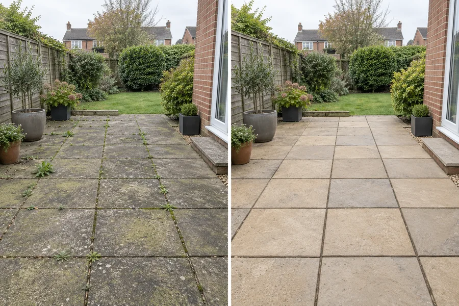Illustrative patio cleaning comparison: the same paving before and after cleaning