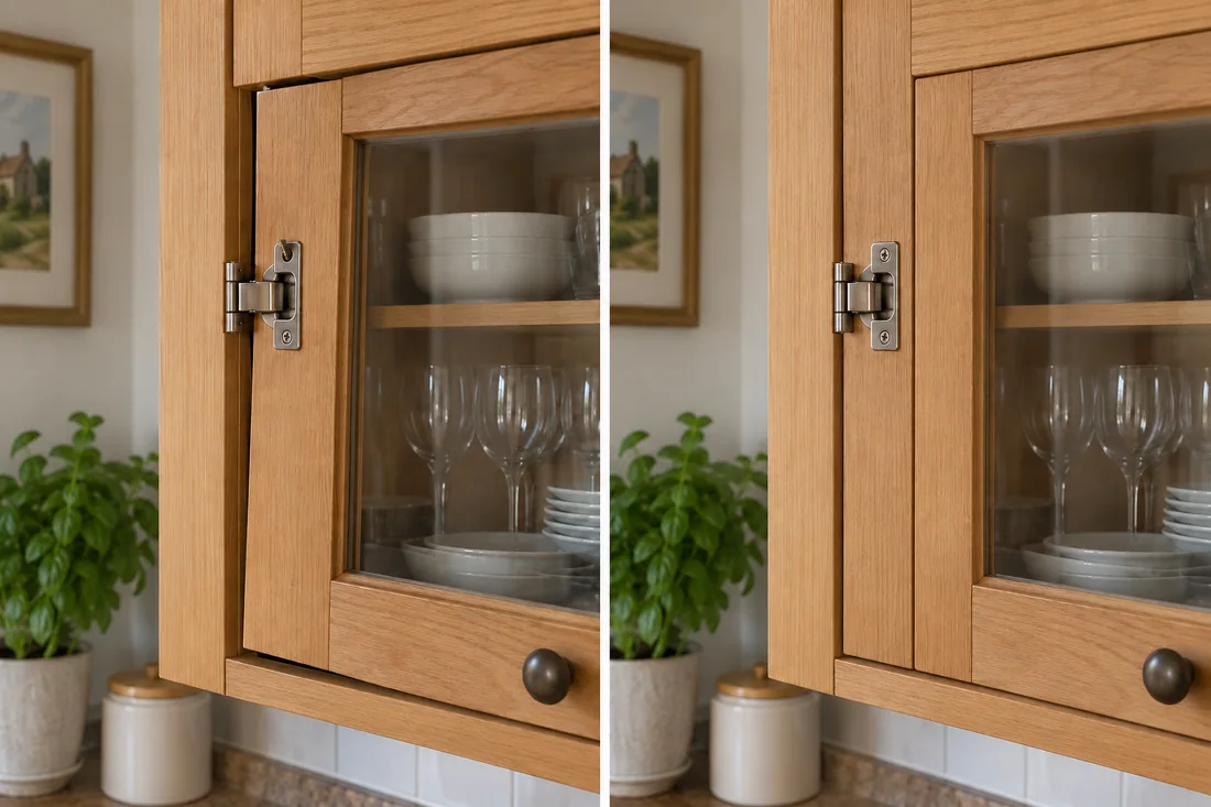 Handyman · cabinet hinge before and after illustration